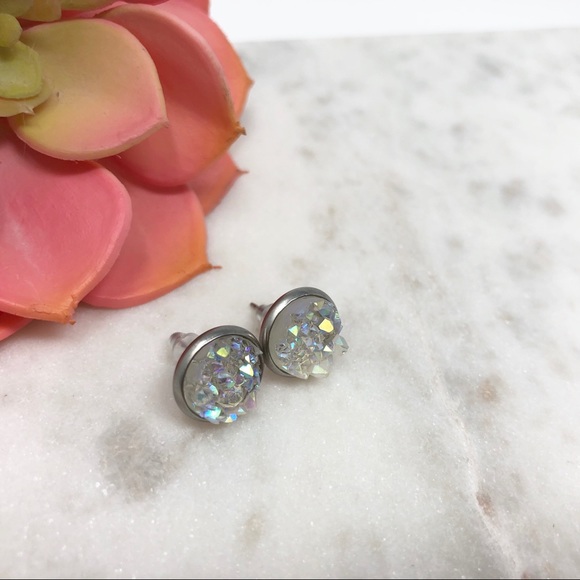AB Rainbow Druzy Stud Earrings - Picture 3 of 5